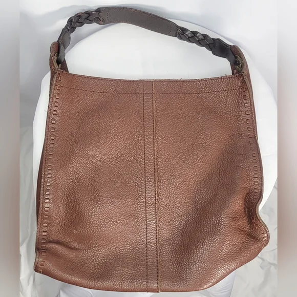 Lucky Brand Brown Pebbled Leather Hobo Bag Braided Strap Slouchy Shoulder Purse - Picture 4 of 12